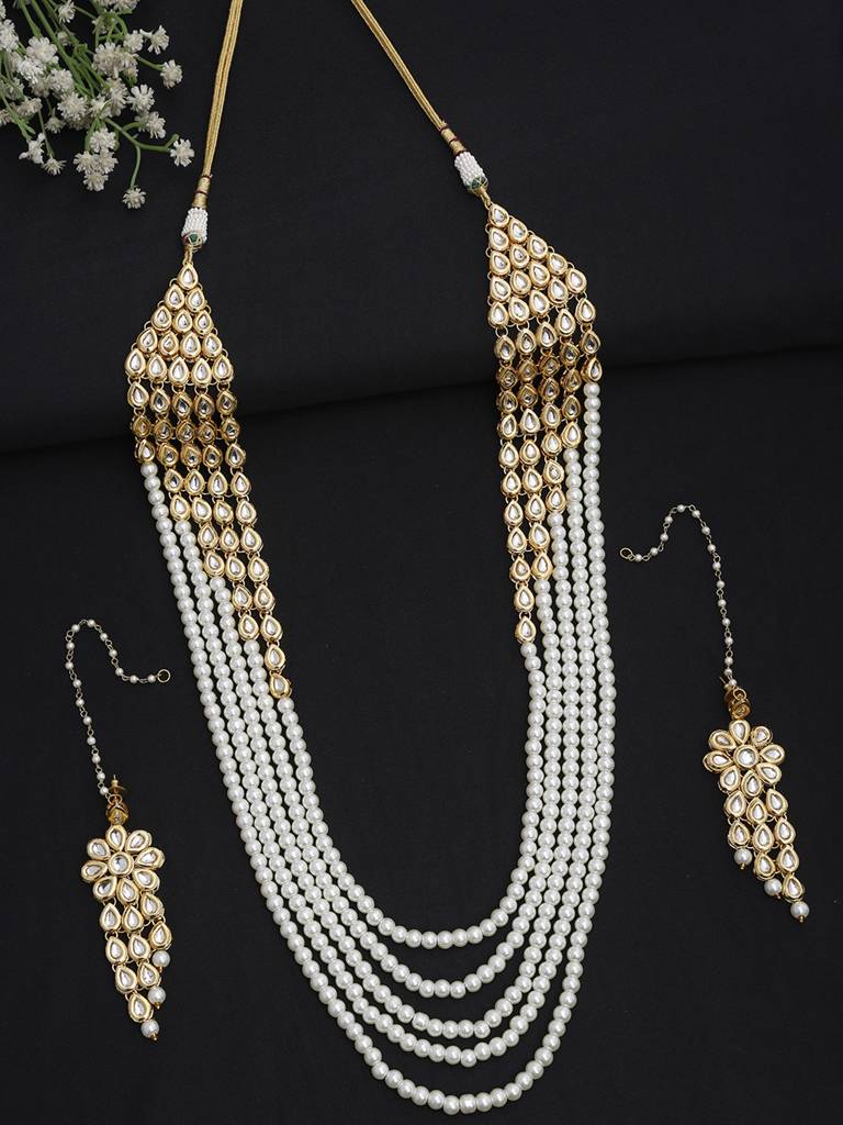Layered Pearl Kundan Neckpiece With Earrings : A380-114