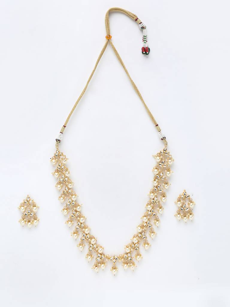 Cream Beaded Kundan Neckpiece With Earrings : A380-125