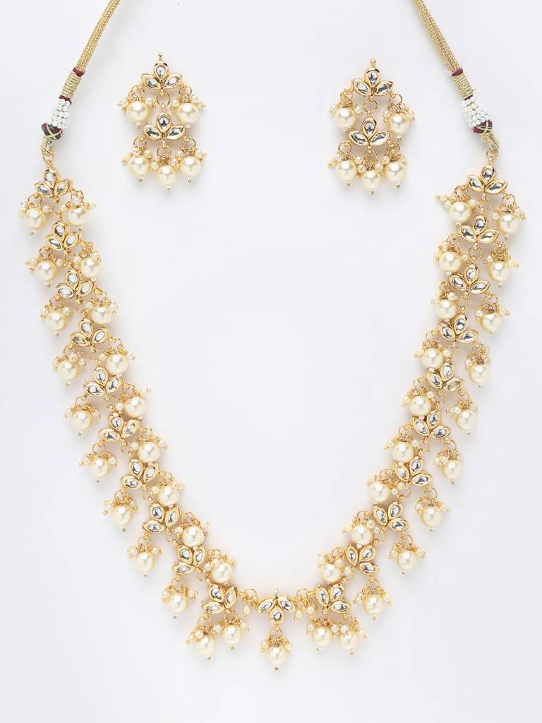 Cream Beaded Kundan Neckpiece With Earrings : A380-125