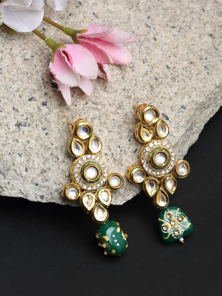 Handpainited Green Stone Kundan Earrings : A380-15