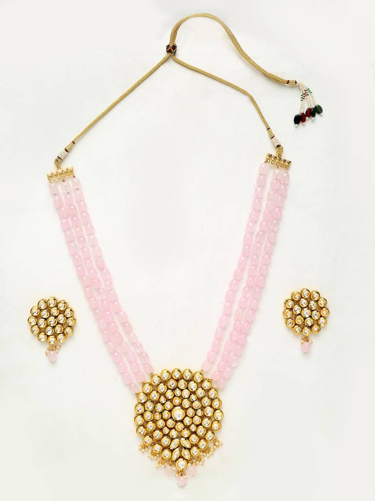 Light Pink Beaded Kundan Neckpiece With Earrings : A380-19