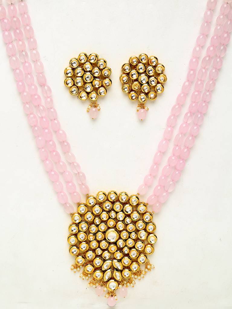 Light Pink Beaded Kundan Neckpiece With Earrings : A380-19