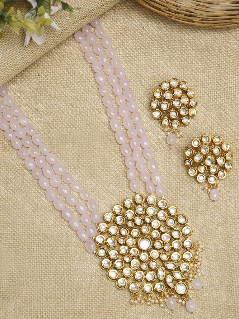 Light Pink Beaded Kundan Neckpiece With Earrings : A380-19