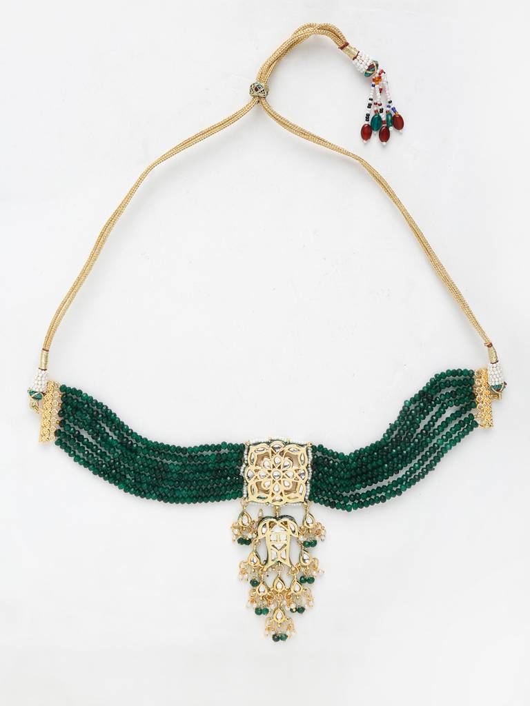 Dark Green Beaded Kundan Choker With Earrings : A380-23