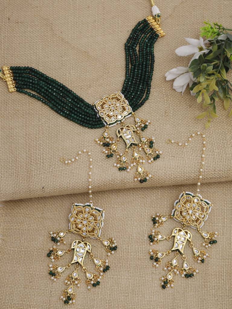 Dark Green Beaded Kundan Choker With Earrings : A380-23