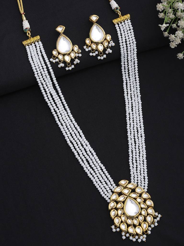 Long White Onyx Kundan Neckpiece With Earrings : A380-29