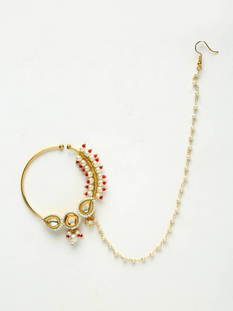 Maharani Red And White Beaded Kundan Nose Ring : A380-31