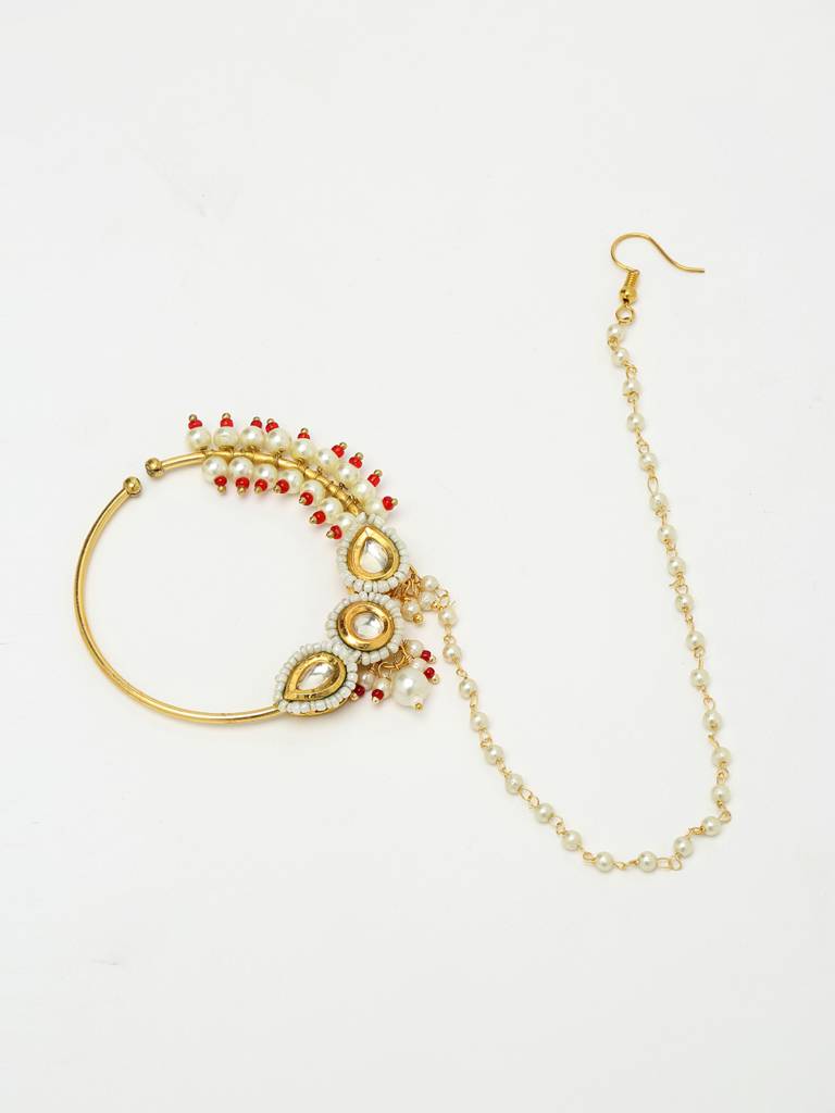 Maharani Red And White Beaded Kundan Nose Ring : A380-31