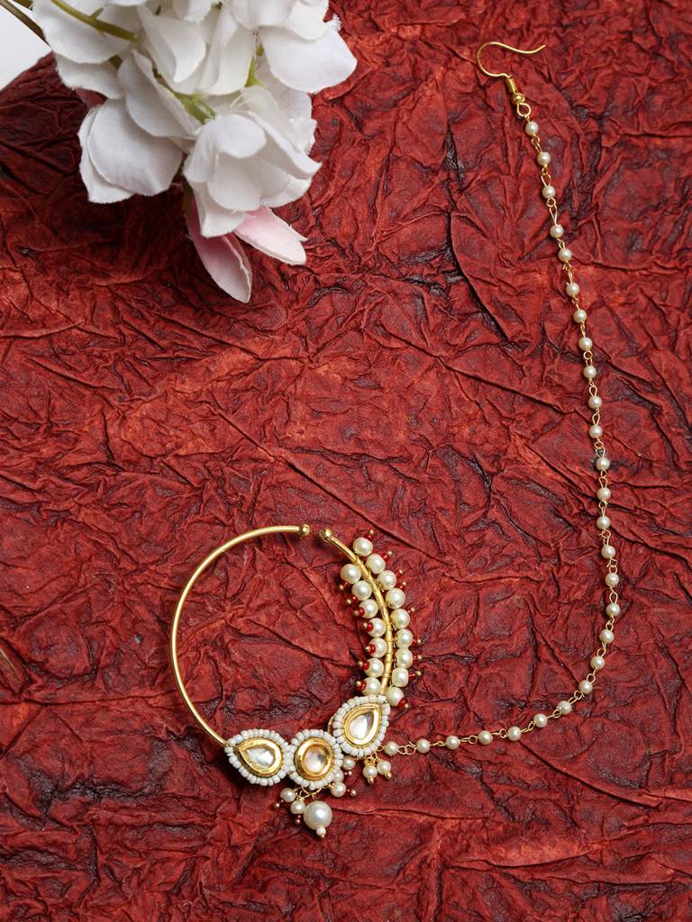 Maharani Red And White Beaded Kundan Nose Ring : A380-31