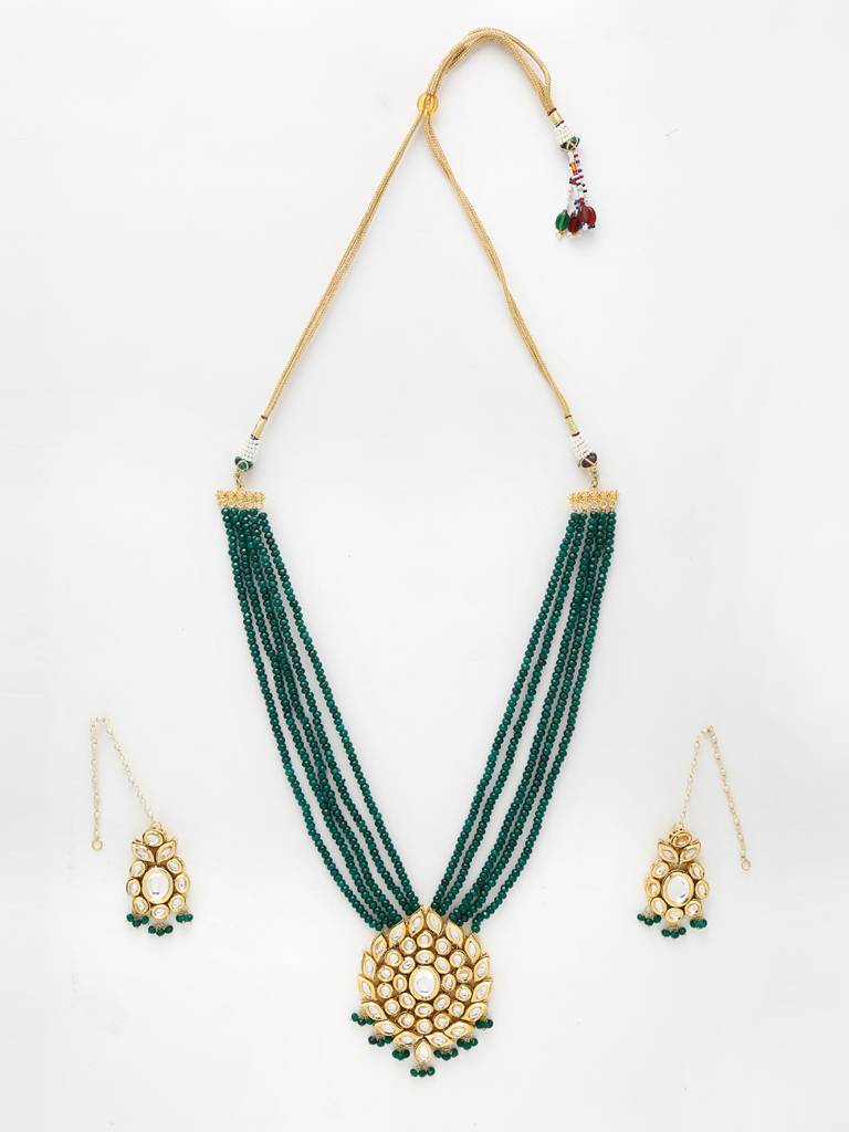 Long Dark Green And Kundan Neckpiece With Earrings : A380-94