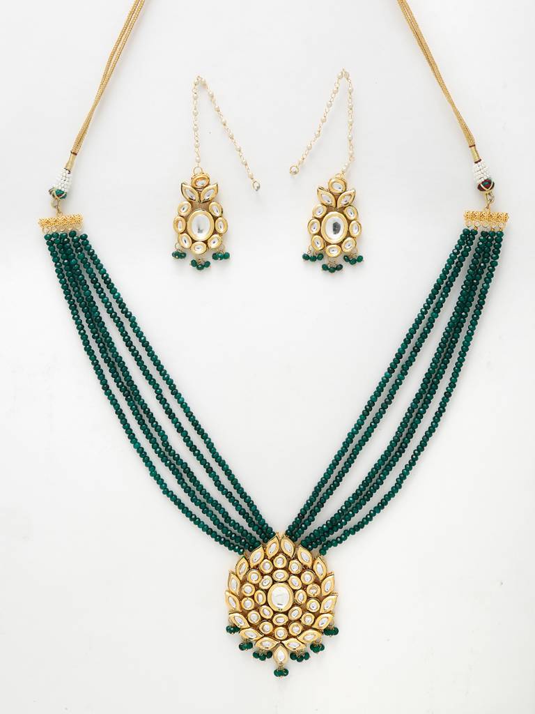 Long Dark Green And Kundan Neckpiece With Earrings : A380-94