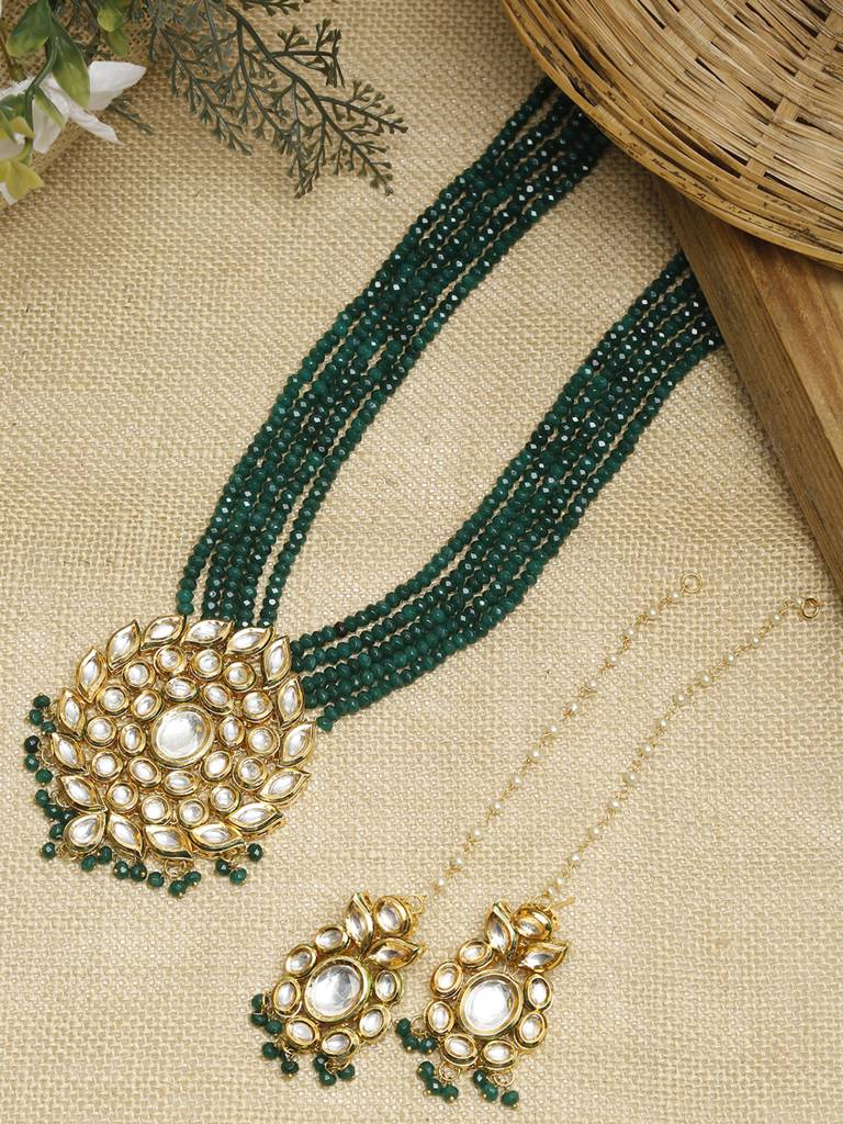 Long Dark Green And Kundan Neckpiece With Earrings : A380-94