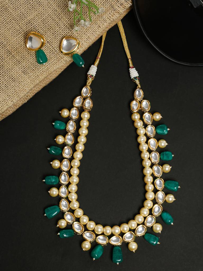 Cream And Green Beaded Long Kundan Neckpiece With Earrings : A404-01