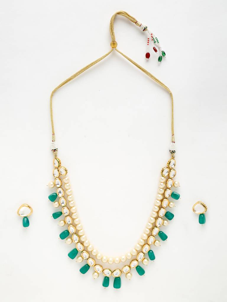 Cream And Green Beaded Long Kundan Neckpiece With Earrings : A404-01