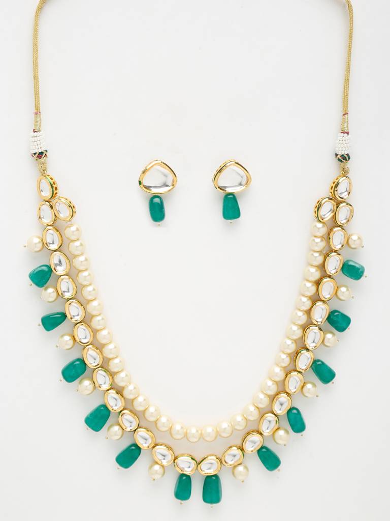 Cream And Green Beaded Long Kundan Neckpiece With Earrings : A404-01