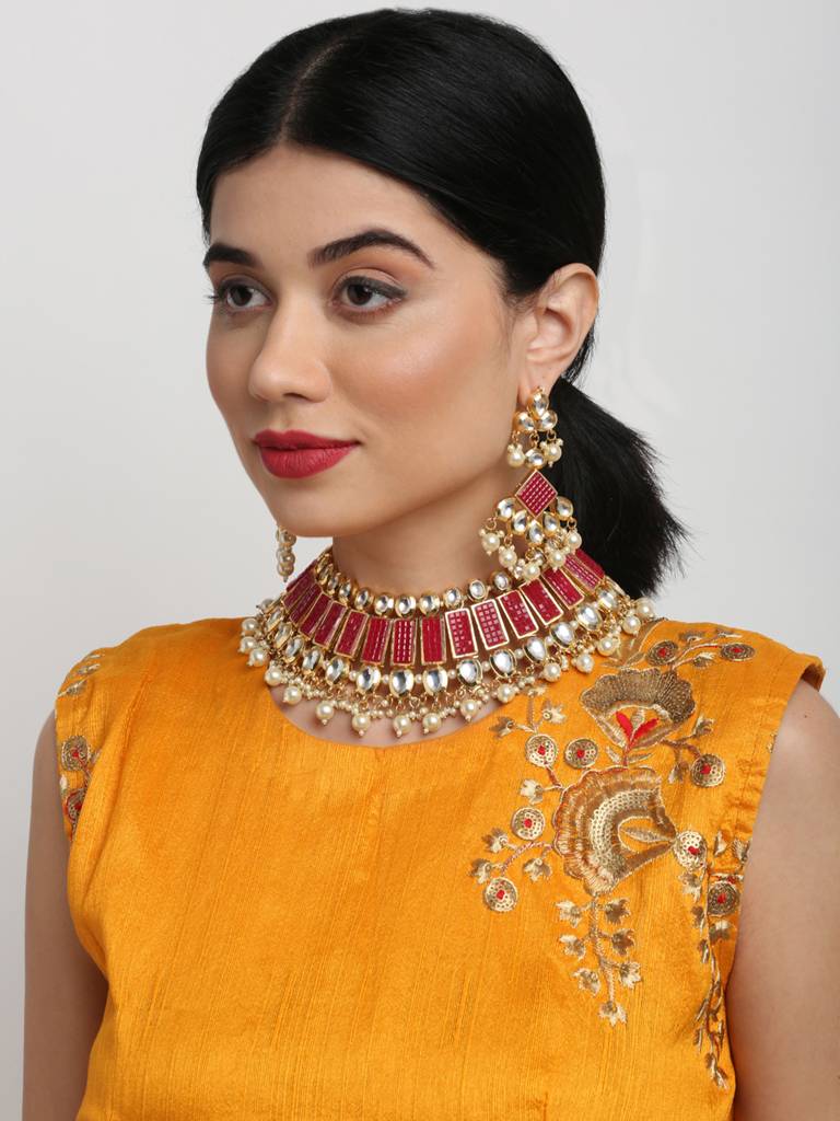 Red Kundan Neckpiece With Earrings : A404-02