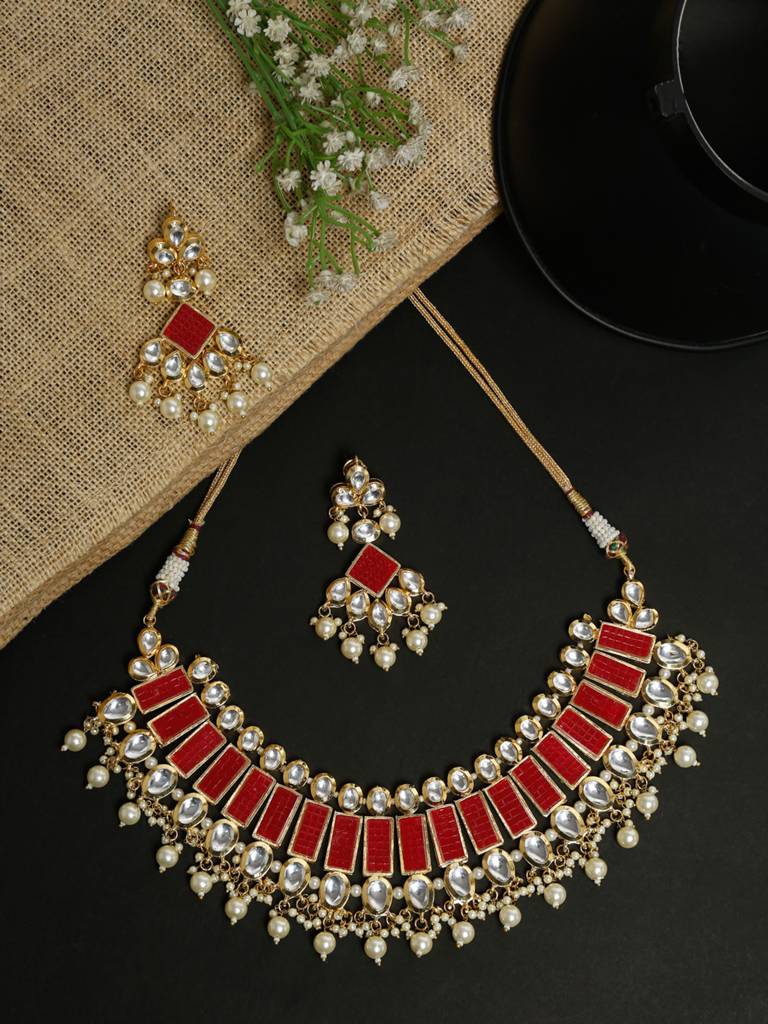 Red Kundan Neckpiece With Earrings : A404-02