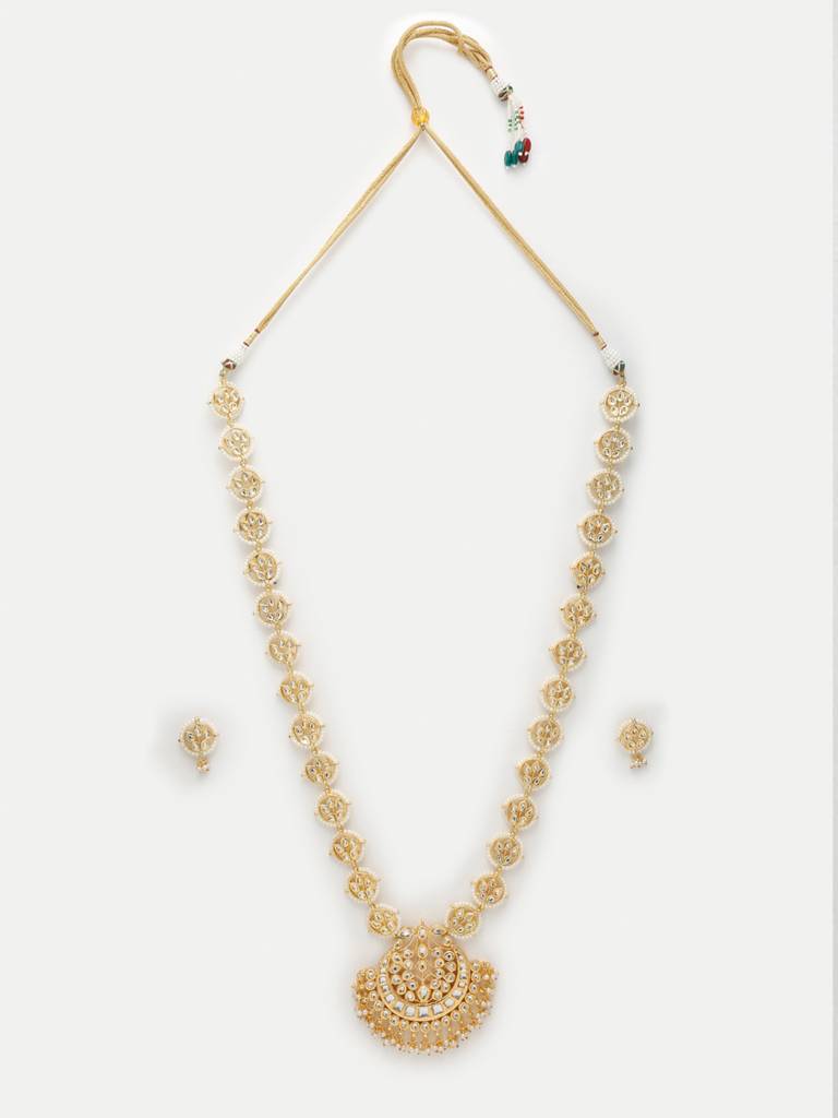 Gold Toned Long Kundan Neckpiece With Earrings : A404-05