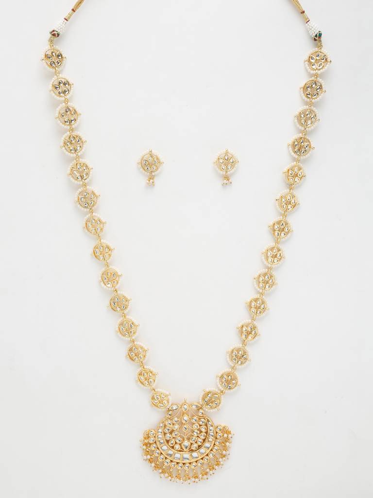 Gold Toned Long Kundan Neckpiece With Earrings : A404-05