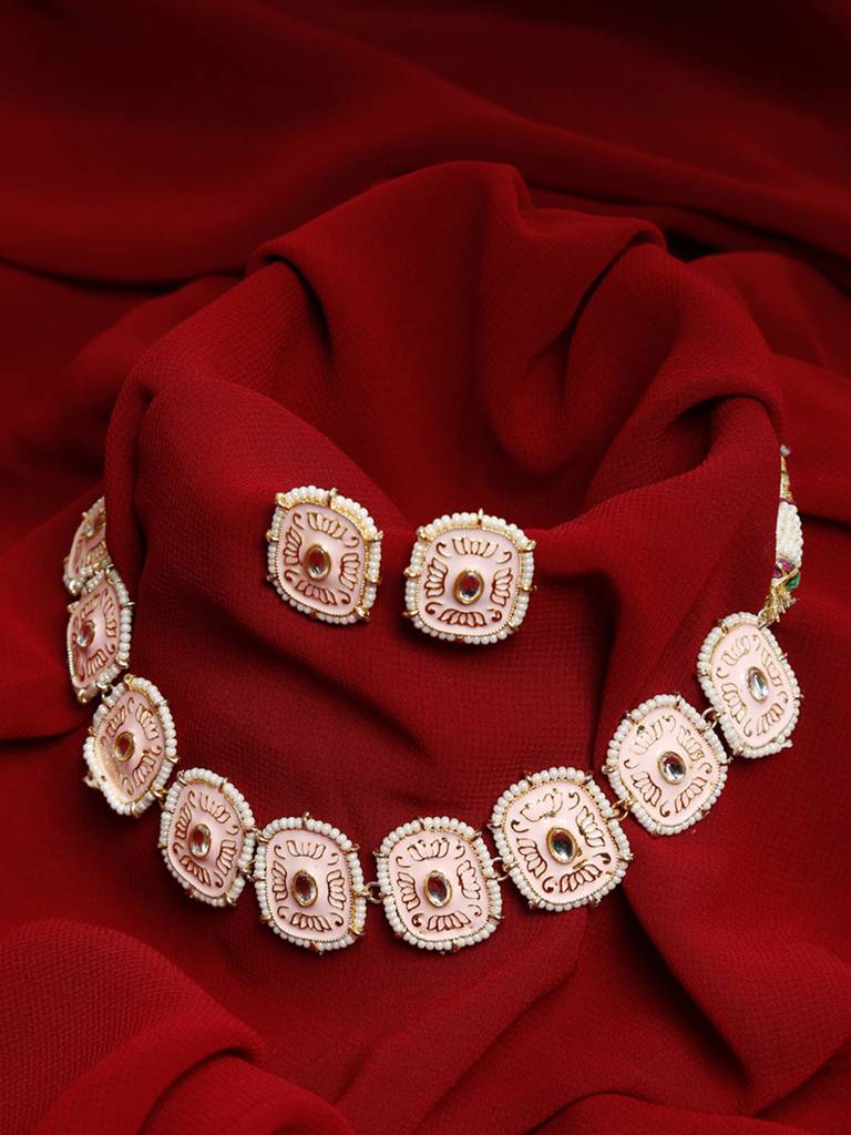 Pink Handpainted Kundan Neckpiece With Earrings : A404-27