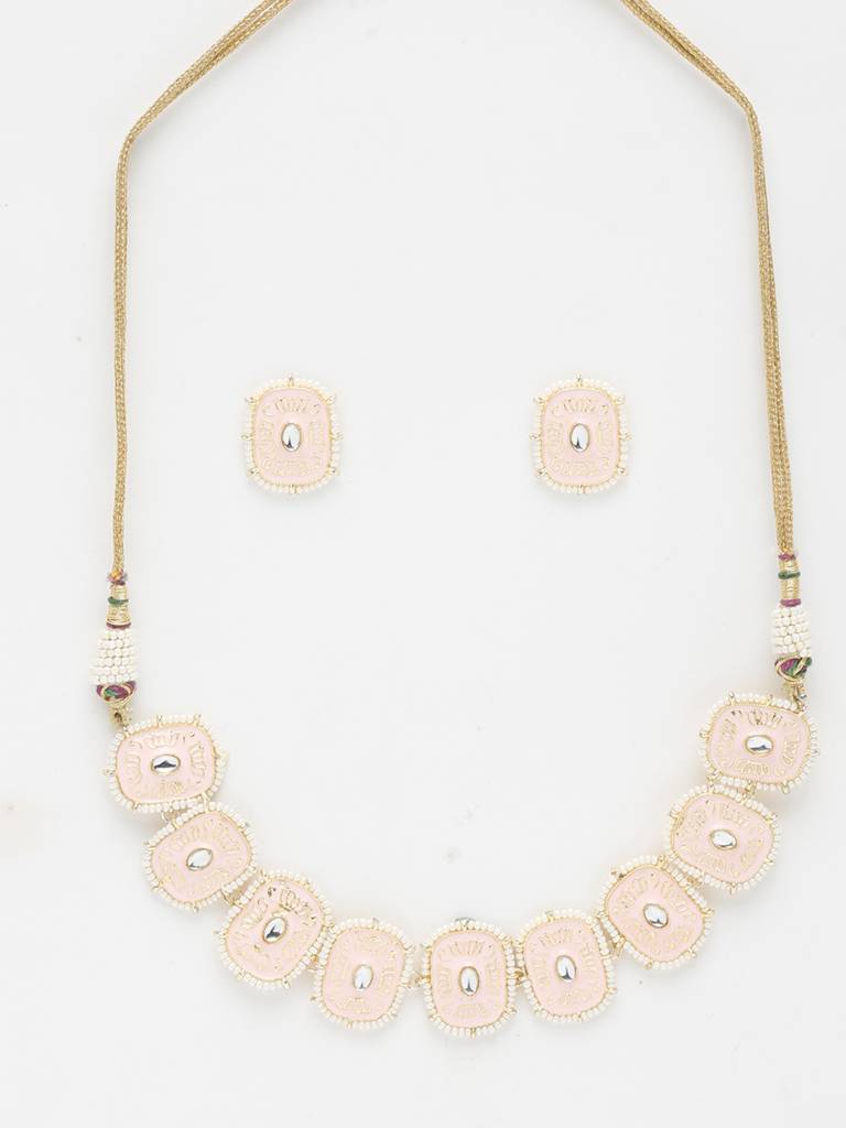 Pink Handpainted Kundan Neckpiece With Earrings : A404-27