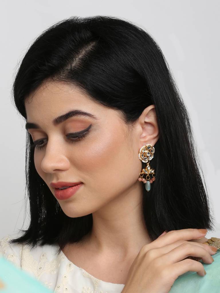 Mint Blue And Peach Kundan Earrings : A404-33