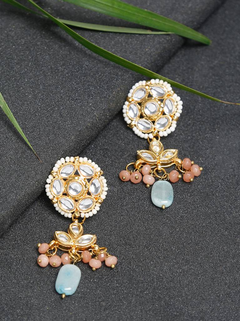 Mint Blue And Peach Kundan Earrings : A404-33