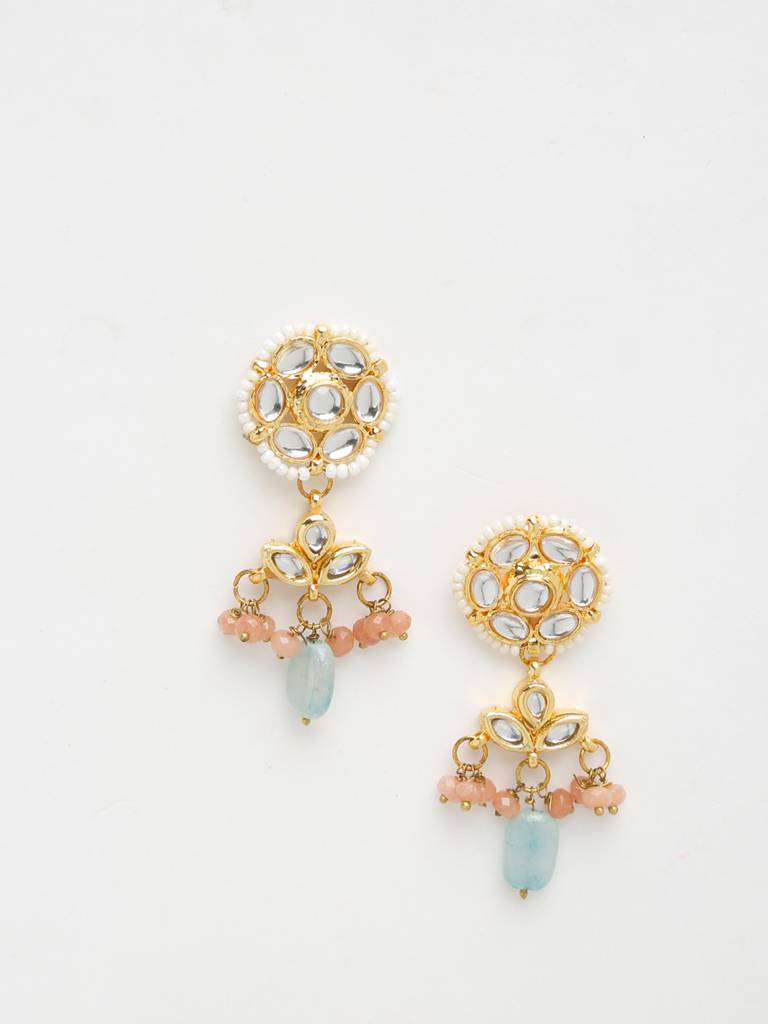 Mint Blue And Peach Kundan Earrings : A404-33
