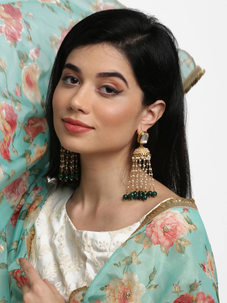 Green And White Beaded Kundan Jhumki : A404-39