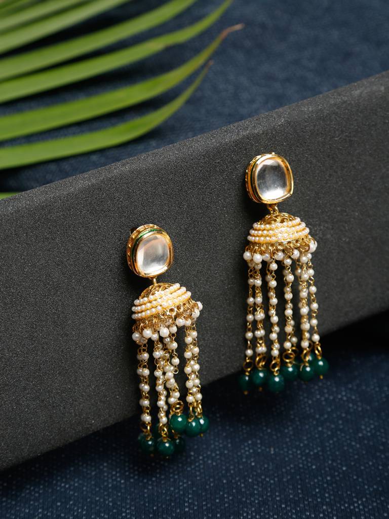 Green And White Beaded Kundan Jhumki : A404-39