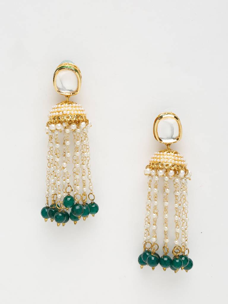 Green And White Beaded Kundan Jhumki : A404-39