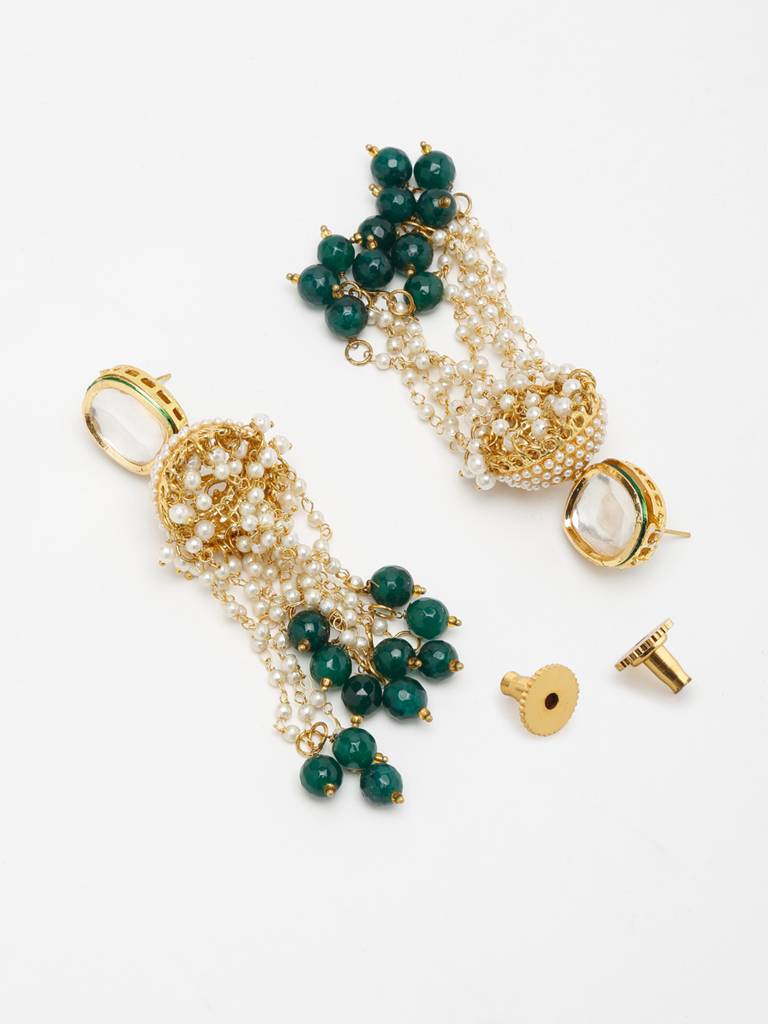 Green And White Beaded Kundan Jhumki : A404-39