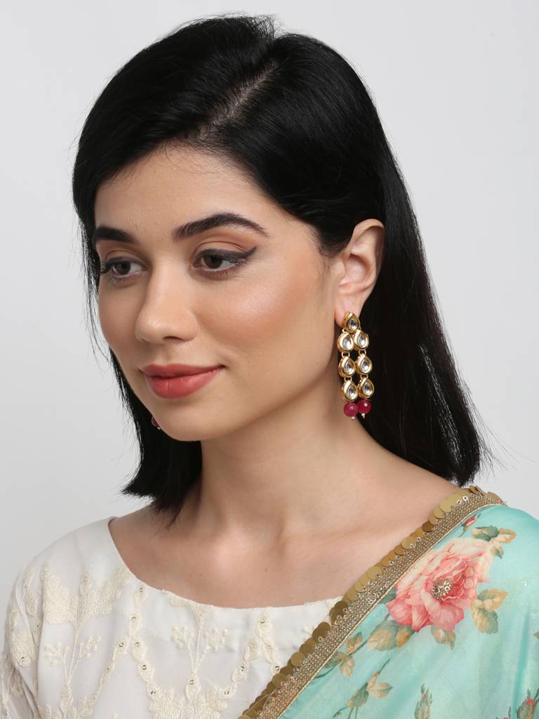 Maroon Teardrop Shaped Kundan Earrings : A404-45