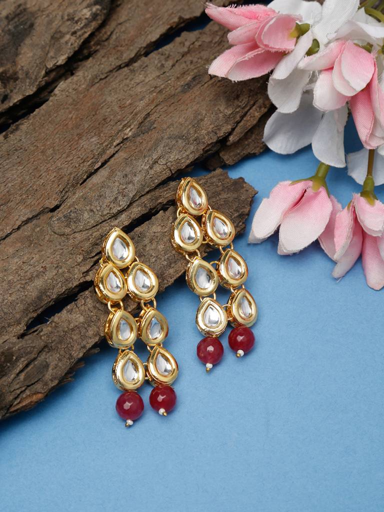 Maroon Teardrop Shaped Kundan Earrings : A404-45