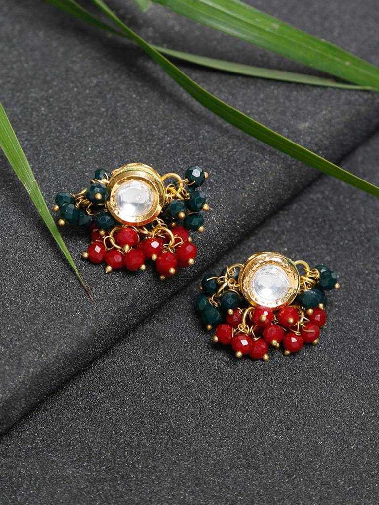 Round Maroon Green Kundan Studs : A404-48