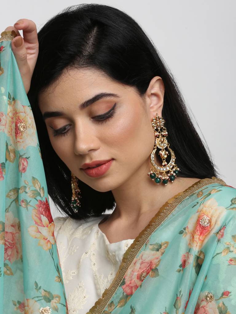 Green Red And Gold Kundan Earrings : A404-55