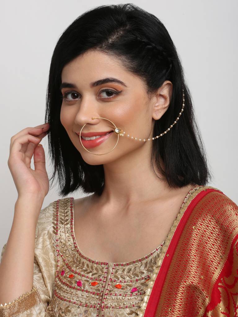 Round Kundan Nose Ring With Pearl Beaded Chain : A404-75