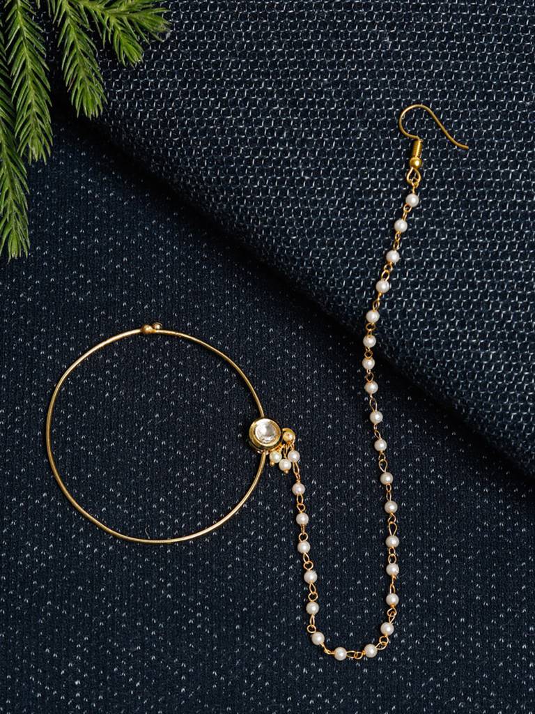 Round Kundan Nose Ring With Pearl Beaded Chain : A404-75