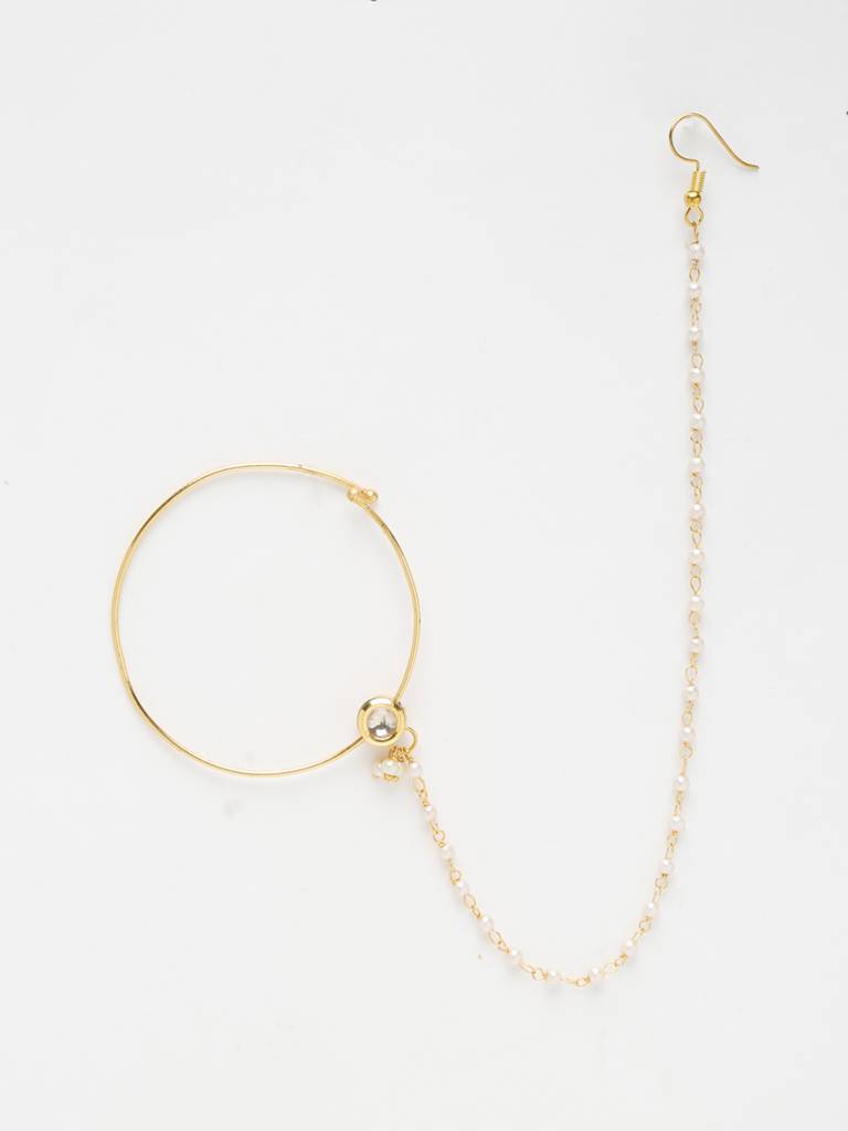 Round Kundan Nose Ring With Pearl Beaded Chain : A404-75