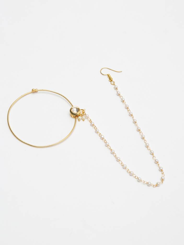 Round Kundan Nose Ring With Pearl Beaded Chain : A404-75