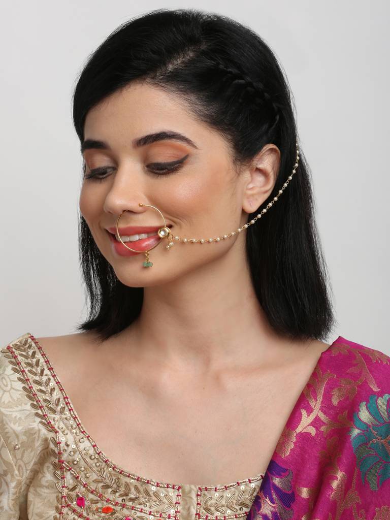 Round Kundan Nose Ring With Pearl And Mint Green Beads : A404-76