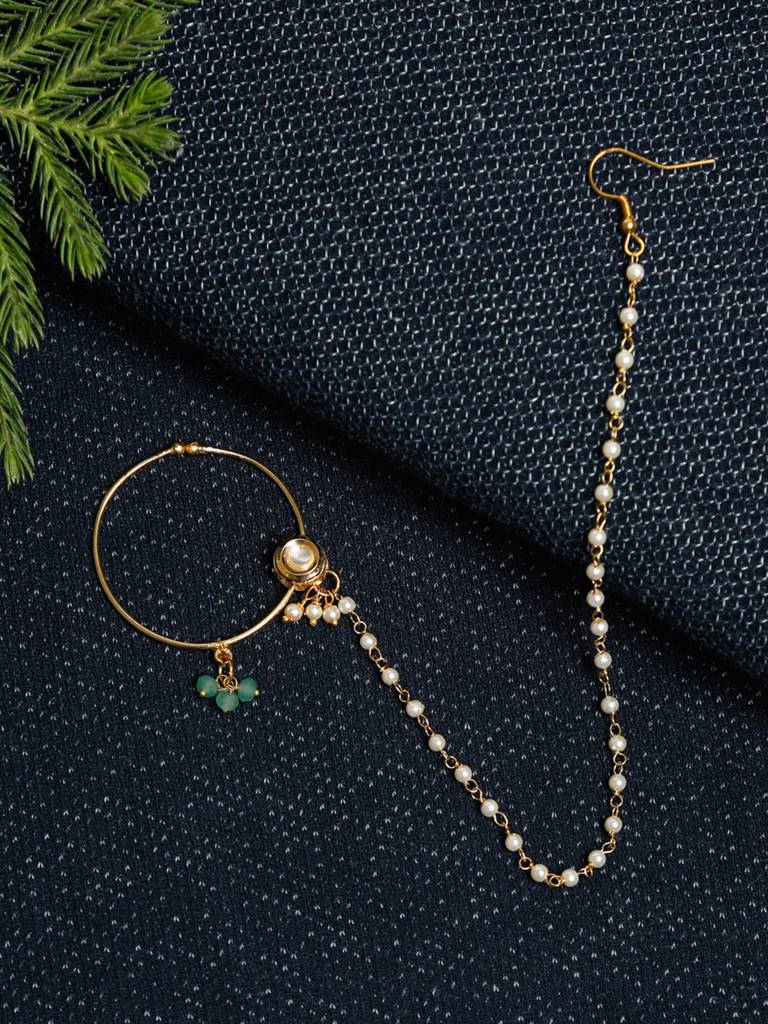 Round Kundan Nose Ring With Pearl And Mint Green Beads : A404-76