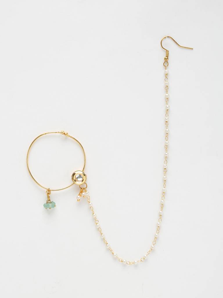 Round Kundan Nose Ring With Pearl And Mint Green Beads : A404-76