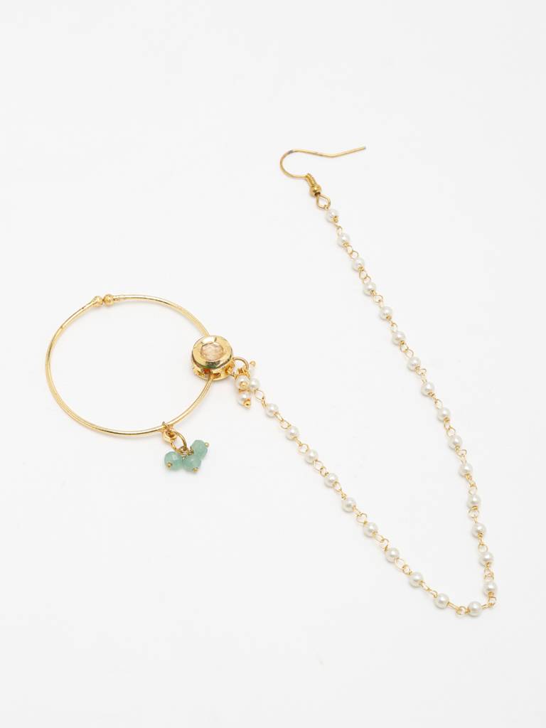 Round Kundan Nose Ring With Pearl And Mint Green Beads : A404-76