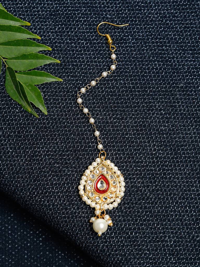 White & Red Enameled Faux Kundan Maang Tikka : A404-84
