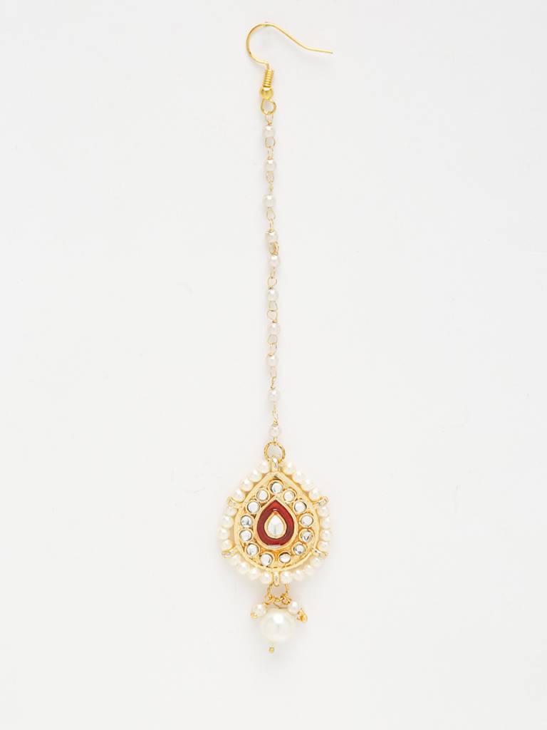 White & Red Enameled Faux Kundan Maang Tikka : A404-84