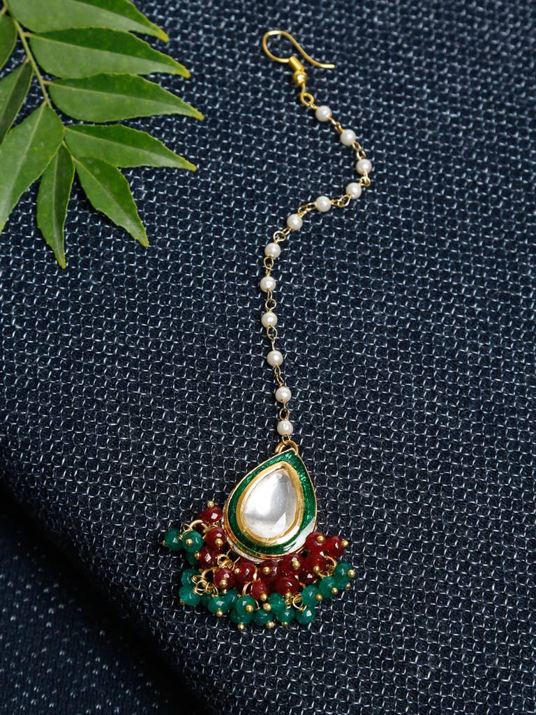 Green Maroon Beaded Kundan Maang Tikka : A404-93