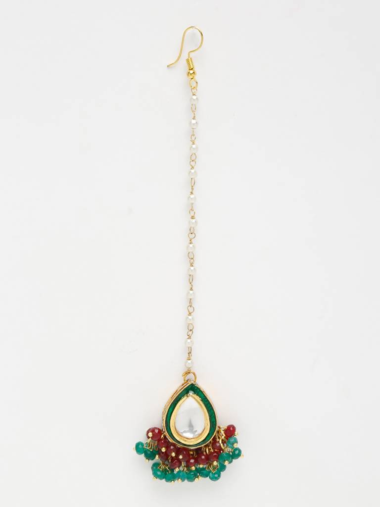 Green Maroon Beaded Kundan Maang Tikka : A404-93