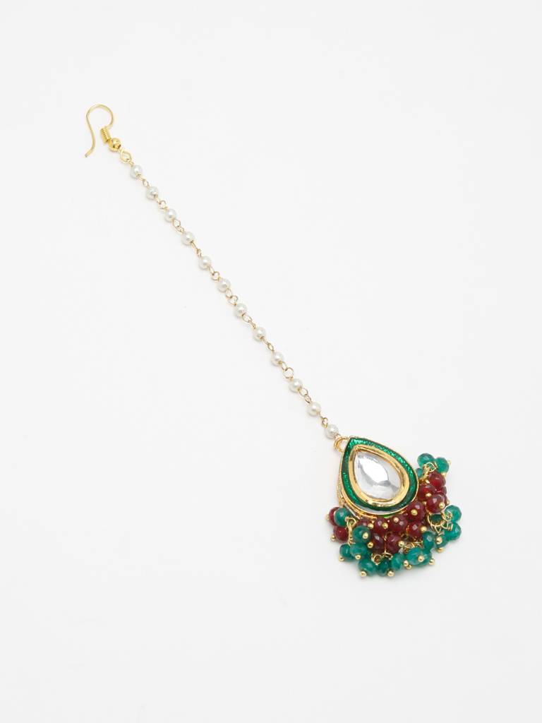 Green Maroon Beaded Kundan Maang Tikka : A404-93
