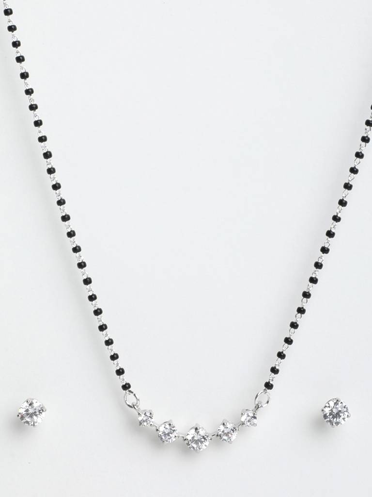 925 Sterling Silver 5 Stone Mangalsutra Tanmaniya Pendant Earring Jewellery Set With Chain Gift For Women And G : CSWZMP51ME51